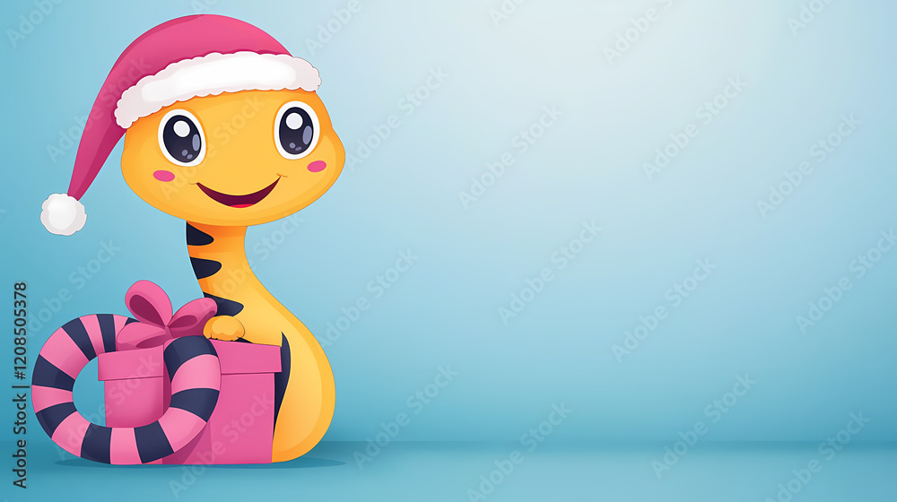 Obraz premium Cute cartoon creature in Santa hat, holding a gift Christmas greeting card.
