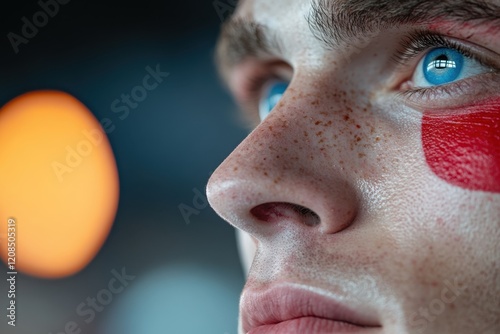 This emotive close-up of a young clown showcases colorful facial paint, embodying a mix of emotions and vibrant artistry that deeply resonates with themes of joy and sorrow. photo