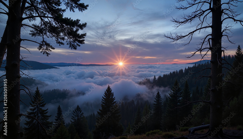 Sunrise above misty forest landscape Sunrise above misty forest landscape