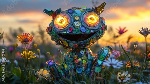 Fantastical digital depicting a colorful whimsical and bizarre creature or character composed of various organic and abstract elements set in a lush vibrant floral meadow at sunset photo