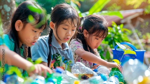 A group of children engaged in recycling activities outdoors, sorting plastic and other waste into bins, promoting eco-awareness..