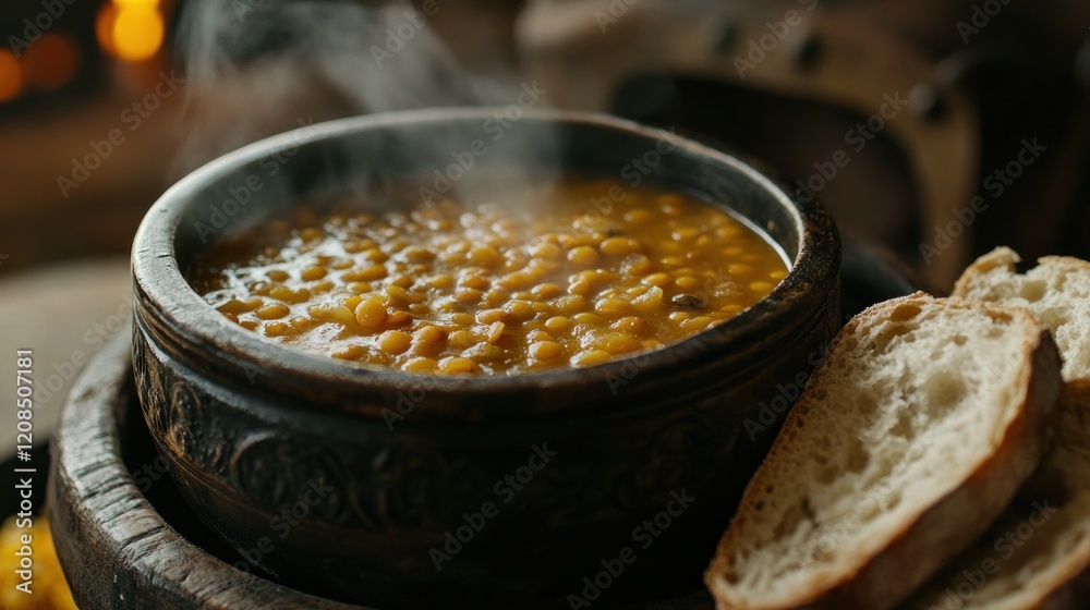 A bowl of steaming lentil soup with slices of bread on a rustic table setting A bowl of steaming lentil soup with slices of bread on a rustic table setting