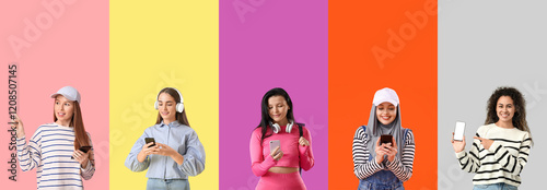 Set of women with mobile ph...