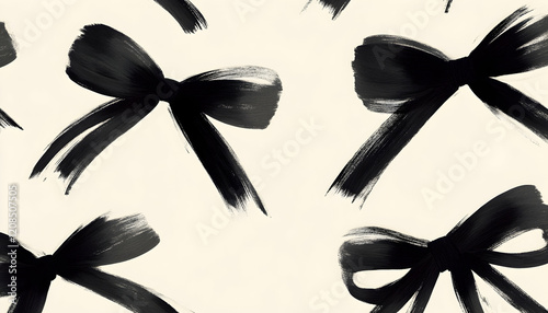 Fototapeta Naklejka Na Ścianę i Meble -  Abstract black and white paint strokes forming a repeating bow pattern.  Elegant monochrome design ideal for textile prints or background.