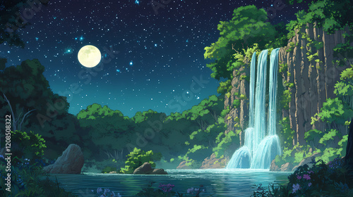 Interstellar waterfall haven stars and water meld. Starlit Lagoon. Illustration
