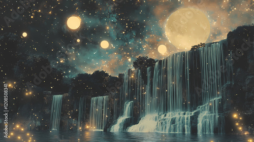 Interstellar waterfall haven stars and water meld. Starlit Lagoon. Illustration