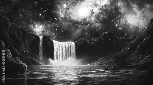Interstellar waterfall haven stars and water meld. Starlit Lagoon. Illustration