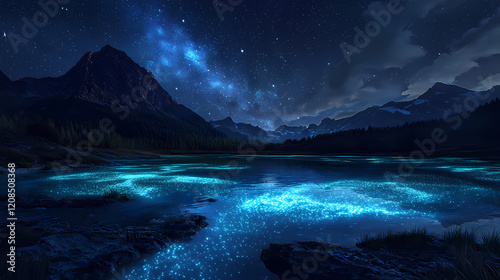 Luminous lagoon bioluminescence at night with moonlit mountains. Starlit Lagoon. Illustration