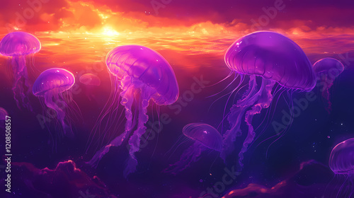 Majestic purple jellyfish swim in a starlit lagoon at sunrise. Starlit Lagoon. Illustration photo