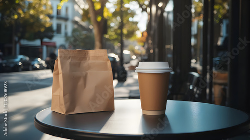 A bustling street corner with coffee cups and takeaway bags on a sidewalk café table, the morning sun casting soft shadows over the scene. Street corner café with coffee cups and takeaway bags.

