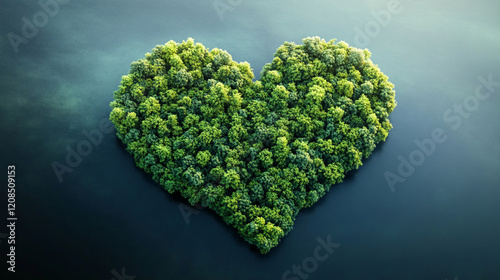 A lush green tropical island shaped like a heart surrounded by turquoise waters aerial view minimalistic bright tone modern blurred effect empty space for captions symbolizing love harmony and paradis