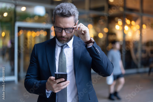 Busy man texting business message. Modern mobile business communication. Businessman messaging on phone. Phone chatting of man in businesslike suit. Phone use. Man messaging on phone outdoor