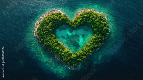 A lush green tropical island shaped like a heart surrounded by turquoise waters aerial view minimalistic bright tone modern blurred effect empty space for captions symbolizing love harmony and paradis