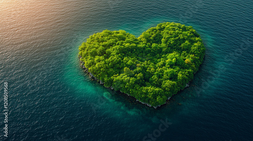 A lush green tropical island shaped like a heart surrounded by turquoise waters aerial view minimalistic bright tone modern blurred effect empty space for captions symbolizing love harmony and paradis
