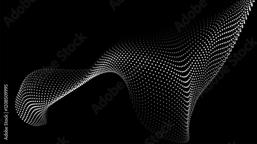 Wave of flowing particles on a dark background. Abstract backdrop with dynamic elements of waves and dots. Vector