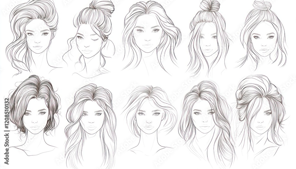 Continuous line drawings various hairstyles, capturing trends and beauty. Continuous line drawings various hairstyles, capturing trends and beauty.