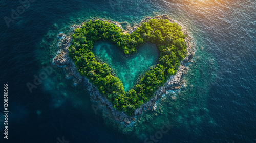 A lush green tropical island shaped like a heart surrounded by turquoise waters aerial view minimalistic bright tone modern blurred effect empty space for captions symbolizing love harmony and paradis