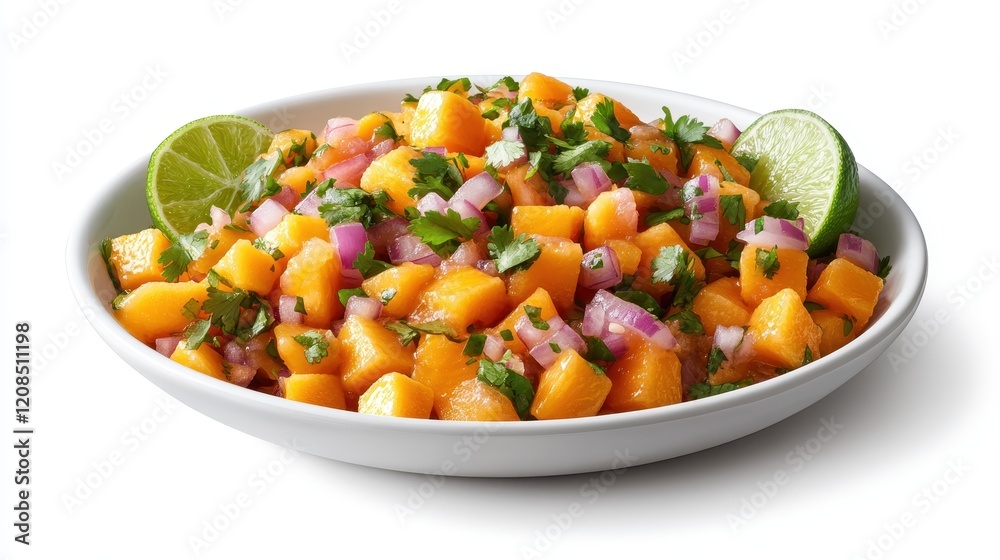 Fresh mango salsa with lime and red onion in a white bowl Fresh mango salsa with lime and red onion in a white bowl