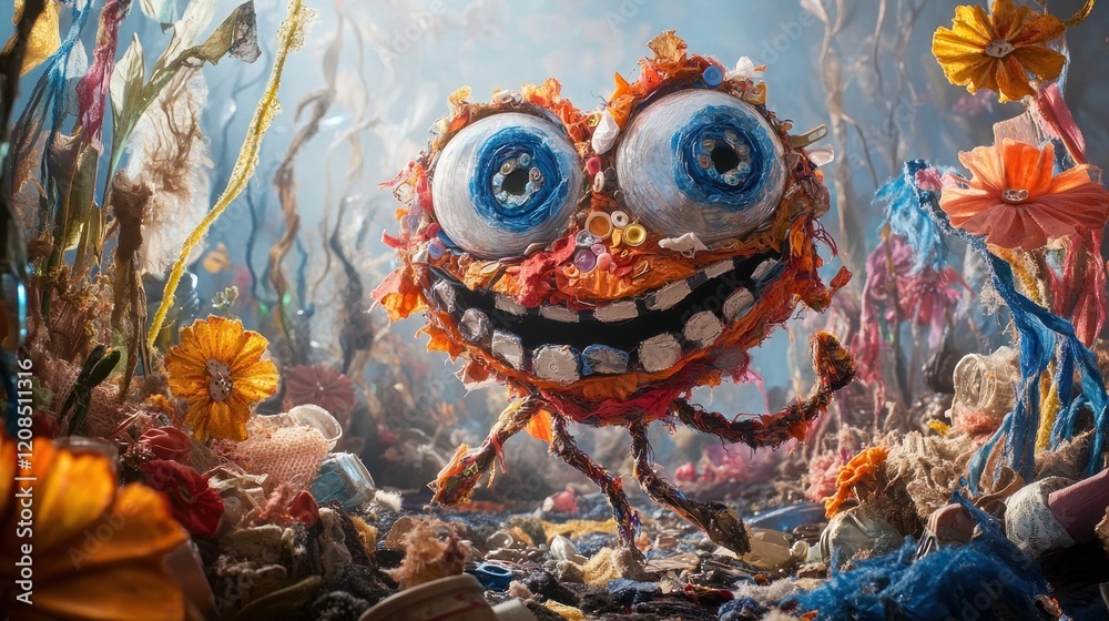 Fototapeta premium Vibrant and Playful Digital Depicting a Whimsical Cartoonish Monster Character with Exaggerated Colorful Eyes and Teeth Surrounded by a Surreal Abstract and Imaginative Environment