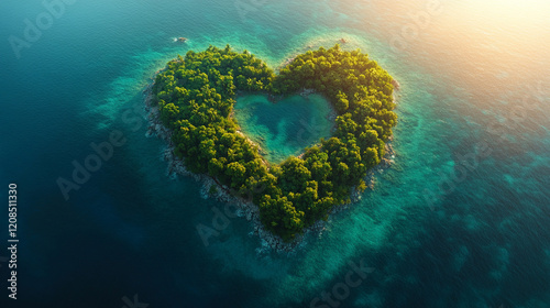 A lush green tropical island shaped like a heart surrounded by turquoise waters aerial view minimalistic bright tone modern blurred effect empty space for captions symbolizing love harmony and paradis