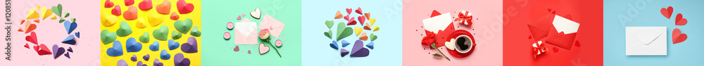 Collage of many paper hearts and envelopes on color background. Valentine's Day celebration Collage of many paper hearts and envelopes on color background. Valentine's Day celebration