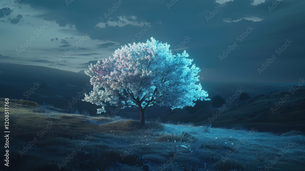 Fototapeta premium solitary tree with glowing blossoms stands in serene landscape at dusk, surrounded by gentle hills and tranquil atmosphere. scene evokes sense of calm and wonder