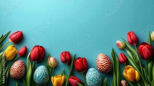 Colorful easter eggs and tulips on blue background – festive spring decoration idea photo