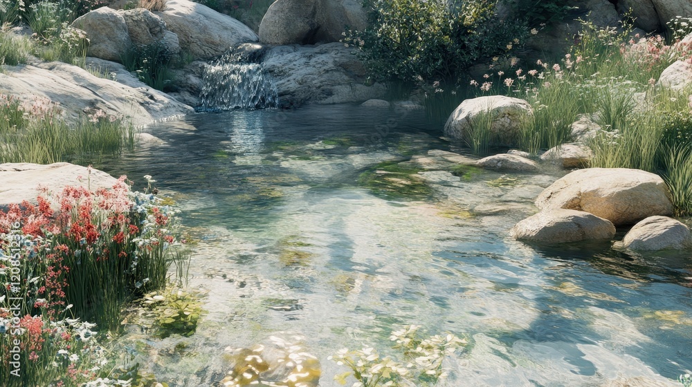 Fototapeta premium Serene natural pond with flowers and rocks under sunlight