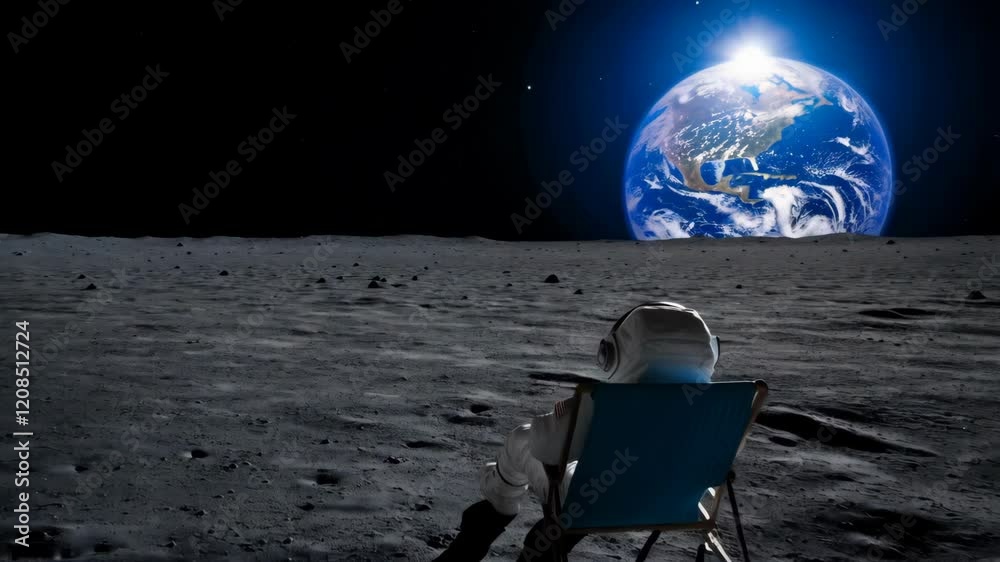 Astronaut relaxing on moon surface gazing at distant earth rise in space