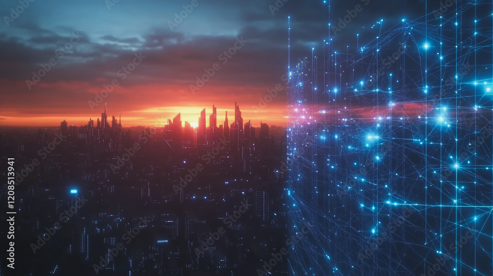 Obraz premium Smart digital Innovation city with connection network reciprocity over the cityscape. of future smart wireless digital city and social media networking systems that connects people with in city