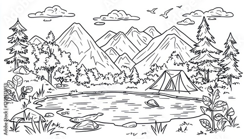 Line art illustrating outdoor adventures, such as camping, hiking, and fishing.