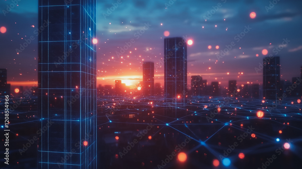 Naklejka premium Smart digital Innovation city with connection network reciprocity over the cityscape. of future smart wireless digital city and social media networking systems that connects people with in city