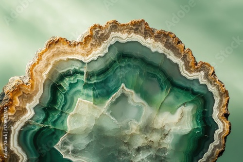A mesmerizing green agate geode slice, showcasing intricate banding and captivating crystalline formations.