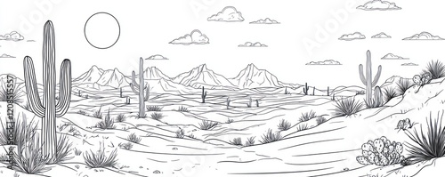 Line art desert landscapes, featuring cacti, sand dunes, and sunsets.