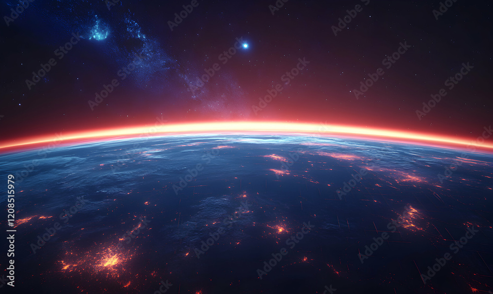 Obraz premium Breathtaking view of Earth from space, showcasing city lights against a vibrant red and blue cosmic backdrop. Perfect for science fiction, space exploration, or environmental themes.