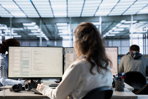 Fotografie Technician in server hub ensuring valuable data remains shielded from potential threats using PC
