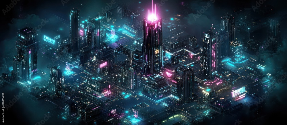 Futuristic neon lit metropolis with towering skyscrapers vibrant illuminated cityscape and an abstract surreal atmosphere The image showcases a visionary Futuristic neon lit metropolis with towering skyscrapers vibrant illuminated cityscape and an abstract surreal atmosphere The image showcases a visionary
