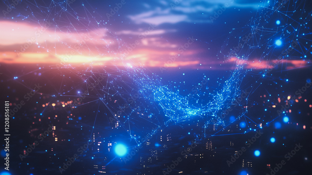Obraz premium Smart digital Innovation city with connection network reciprocity over the cityscape. of future smart wireless digital city and social media networking systems that connects people with in city