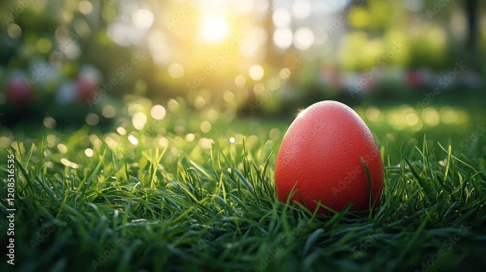Vibrant easter egg on lush green grass in sunlit garden Vibrant easter egg on lush green grass in sunlit garden