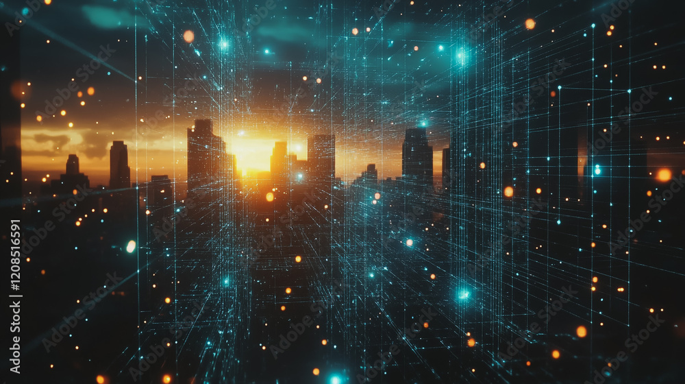 Obraz premium Smart digital Innovation city with connection network reciprocity over the cityscape. of future smart wireless digital city and social media networking systems that connects people with in city