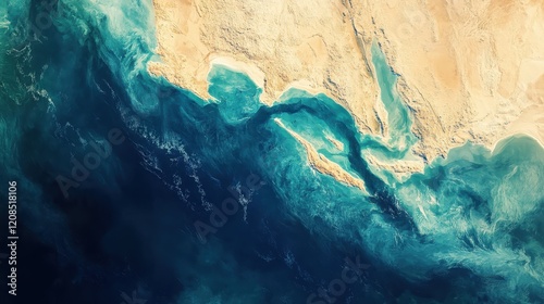 Aerial view of coastal desert meeting turquoise sea waters at peninsula photo