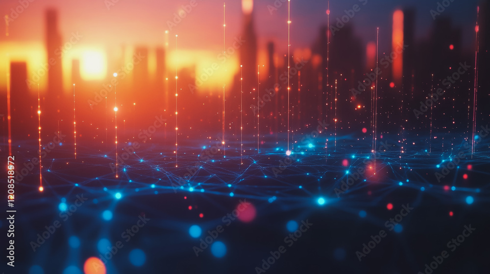 Obraz premium Smart digital Innovation city with connection network reciprocity over the cityscape. of future smart wireless digital city and social media networking systems that connects people with in city