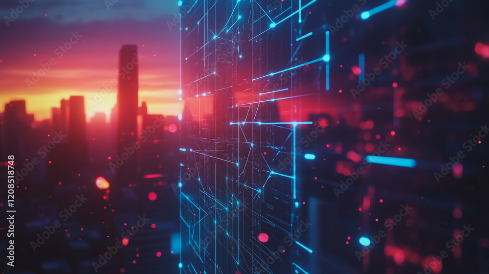 Obraz premium Smart digital Innovation city with connection network reciprocity over the cityscape. of future smart wireless digital city and social media networking systems that connects people with in city