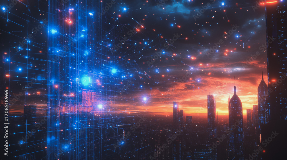Fototapeta premium Smart digital Innovation city with connection network reciprocity over the cityscape. of future smart wireless digital city and social media networking systems that connects people with in city