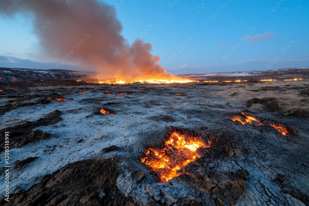 Smoke billows from the horizon as molten flames flicker through the cracked ground, creating a surreal scene that represents nature's power and unpredictability. Smoke billows from the horizon as molten flames flicker through the cracked ground, creating a surreal scene that represents nature's power and unpredictability.