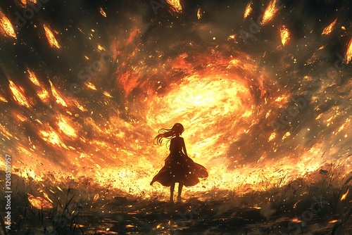 Fiery Vortex: A Girl Facing a Burning Landscape