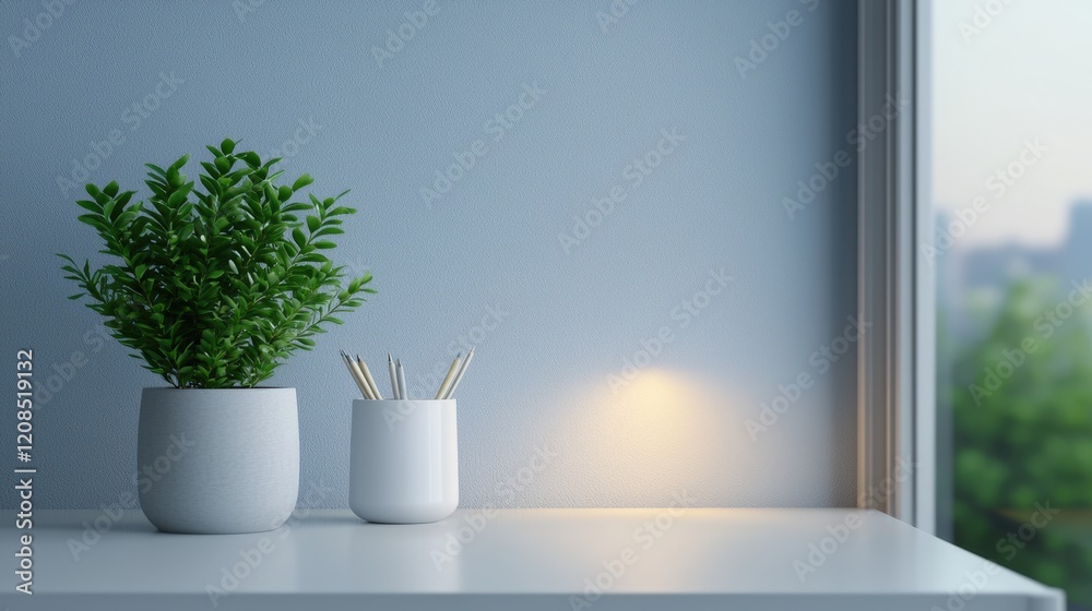 Fototapeta premium Wash workplace and reflective, A tranquil indoor scene featuring green plants in white pots on a clean surface, with natural light streaming through a window.