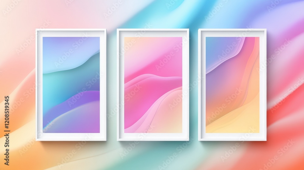 Fototapeta premium Colorful abstract art in white frames featuring gradient pastel waves