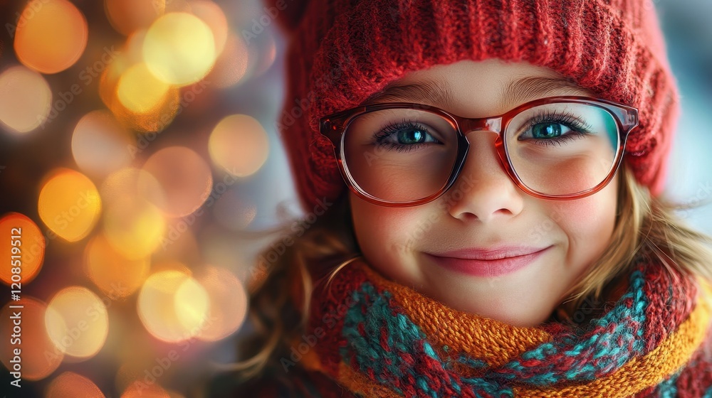 Young female child smiling in warm winter clothing with glasses and knit hat Young female child smiling in warm winter clothing with glasses and knit hat
