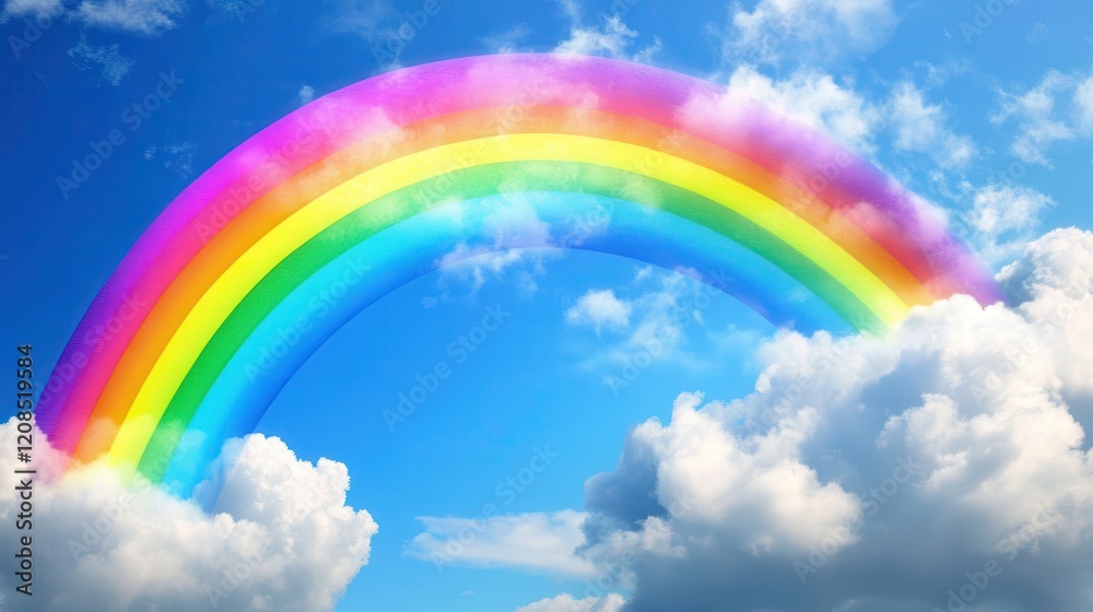 Vibrant rainbow arcing through fluffy clouds in a clear blue sky Vibrant rainbow arcing through fluffy clouds in a clear blue sky